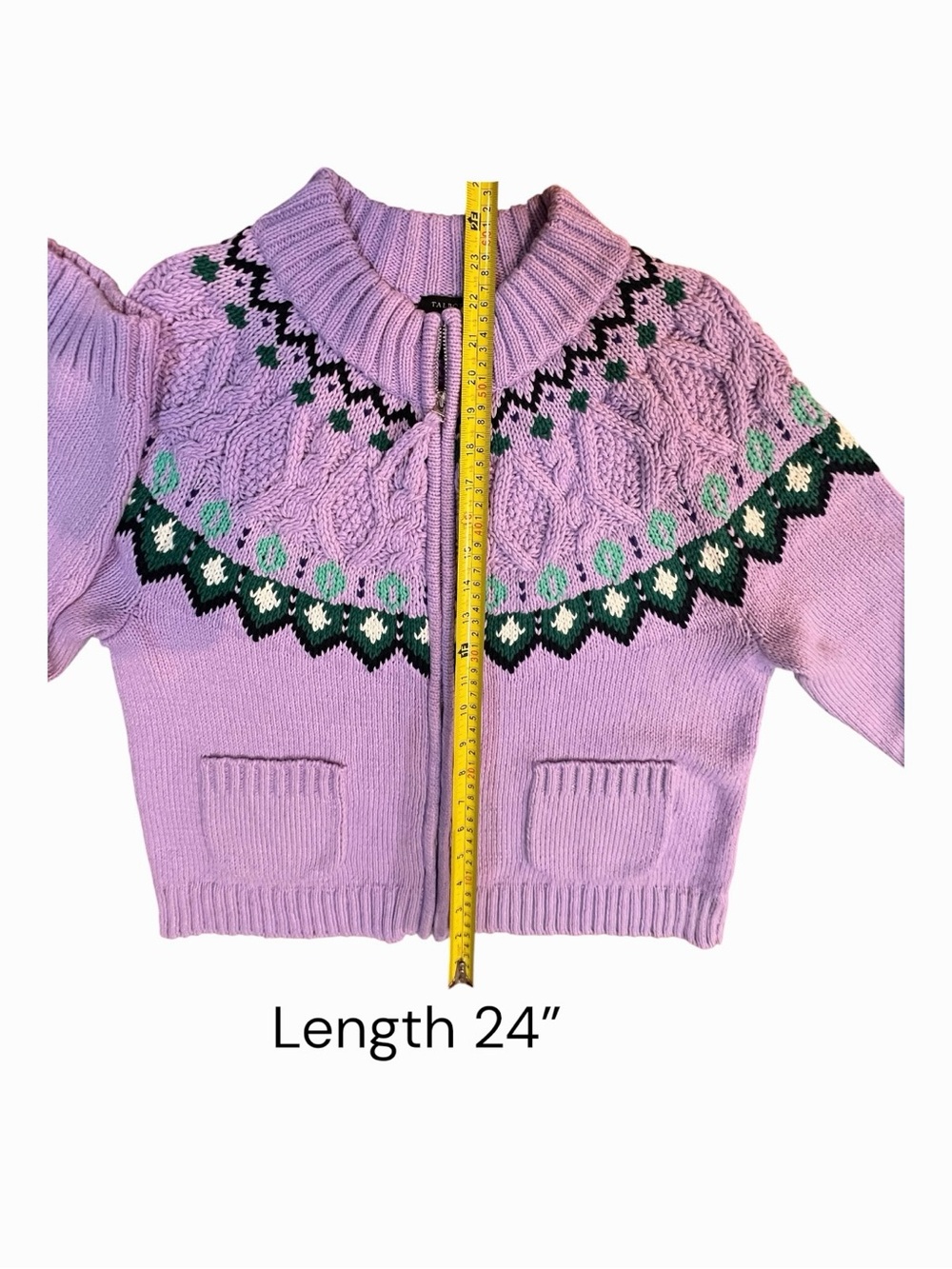 Talbots Lavender Purple Cable Knit Fair Isle Full Zip Cardigan Sweater Women’s L - Picture 9 of 10